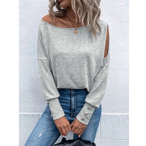 One Cold Shoulder Asymmetric Boat Neck Grey Long Sleeve Tee Shirt - Picture 2 of 9